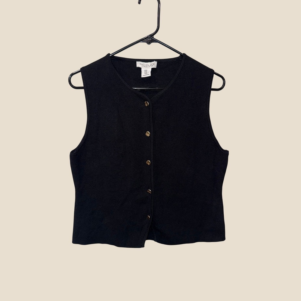Rachel Zoe Black Knit Button Front Sleeveless Vest Top Medium Gold Buttons
